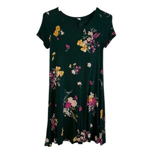OLD NAVY | Dark Green Floral Printed Short Sleeve Stretchy Swing Dress